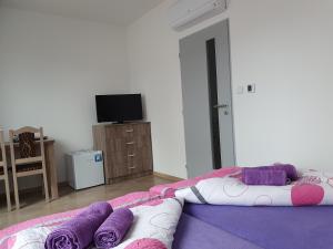 ヴァラシュスケー・クロボウキにあるHOTELOVÉ UBYTOVÁNÍ U RADNICEのベッドルーム1室(紫と紫の毛布を使用したベッド1台付)