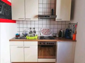 a small kitchen with white cabinets and a sink at Single Room near the black forest in Villingen-Schwenningen