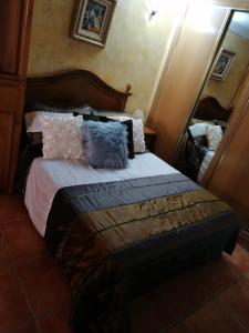 a bedroom with a bed with pillows and a mirror at Casa Rural la Piedra del Cambrón in Villaverde de Guadalimar +36 photos