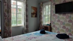 a bedroom with a bed and a flat screen tv at Reindeer Accomodation in Southwell