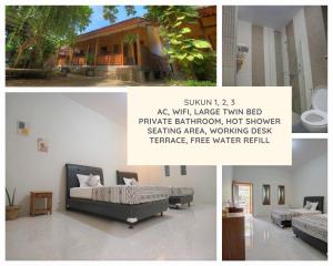 eine Collage aus Bildern eines Wohnzimmers mit einer Couch in der Unterkunft Bata Merah Homestay in Banyuwangi