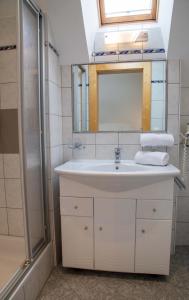 La salle de bains est pourvue d'un lavabo et d'une douche. dans l'établissement Eggerstüberl, à Ischgl