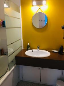 a bathroom with a sink and a mirror at Bleu Salé - F2 Courseulles avec balcon in Courseulles-sur-Mer