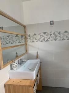 La salle de bains est pourvue d'un lavabo et d'un miroir. dans l'établissement Chambres des marais, à Merville-Franceville-Plage