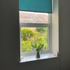 una ventana con un jarrón de flores en el alféizar de la ventana en Flat 2 Frank Lewis House, en Hay-on-Wye