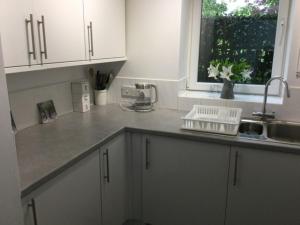 cocina con armarios blancos, fregadero y ventana en Flat 2 Frank Lewis House, en Hay-on-Wye