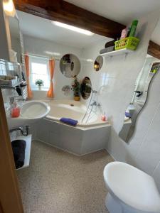 a bathroom with a sink and a tub and a toilet at Ferienhaus Montana in Bad Schandau