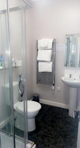 a bathroom with a toilet, sink, and shower at The Marine in Mallaig