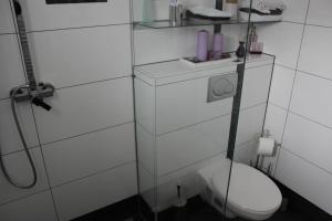 uma casa de banho branca com um WC e um chuveiro em Zimmer David em Colônia