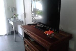 a flat screen tv sitting on top of a wooden dresser at TICASE SOLEIL - F2 tout confort, terrasse, jardin privatif, DIDIER in Fort-de-France