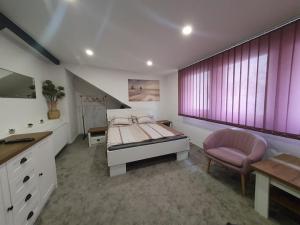 a bedroom with a bed and a desk and a chair at VILLA NEAPOLiS in Pécs