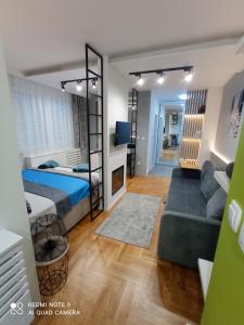 ein Schlafzimmer und ein Wohnzimmer mit einem Bett und einem Sofa in der Unterkunft Studio apartman Golden Lux in Pale