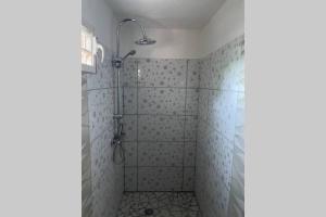 a bathroom with a shower with blue tiles at Maénorah 30s de la belle plage Carbetienne in Le Carbet