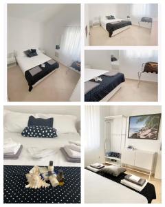 eine Collage mit vier Bildern von Betten in einem Zimmer in der Unterkunft Apartman Bruno Beach in Sutivan