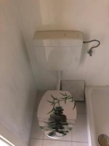 Baño con aseo con una foto en la tapa en Wohnung Stadtnah, en Brunswick