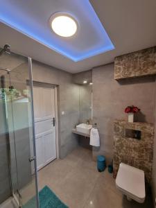 a bathroom with a shower and a blue ceiling at Apartamenty Kolorowa in Szczyrk +33 photos