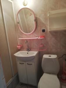 a bathroom with a toilet and a sink and a mirror at U Halinki in Darłowo