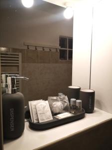 a bathroom counter with a soap dispenser and a mirror at Appartamento Jungle Beach in Lido di Ostia
