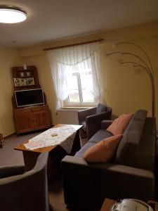 ein Wohnzimmer mit einem Sofa und einem Tisch in der Unterkunft Ferienwohnung Siebmann in Neuruppin