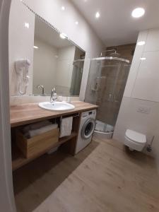 ポビエロボにあるApartament Baltic Meridian Pobierowoの洗面台と洗濯機を備えたバスルーム