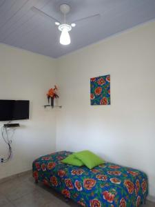 1 dormitorio con 1 cama y ventilador de techo en Cantinho da Paz, en Ilhéus