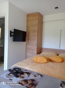 sypialnia z łóżkiem z telewizorem i pilotem w obiekcie Apartma Aurora w mieście Kranjska Gora