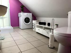 a bathroom with a washing machine and purple walls at Maison 2ch - 4 pers en Picardie parking gratuit by La Source d'OrFée in Courcelette
