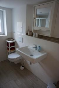 a bathroom with a white sink and a toilet at Ferienwohnung Lorbeer in Meißen
