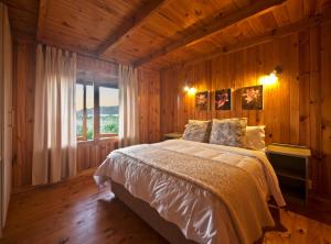 a bedroom with a bed with a wooden wall at Reflections Eco-Reserve in Wilderness