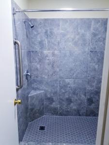 baño con ducha y puerta de cristal en Sylvania Inn-Sylvania,Statesboro, GA-Georgia Southern Univ GSU, en Sylvania