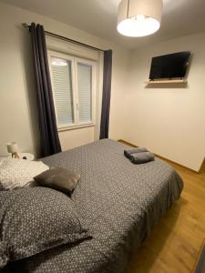 a bedroom with a bed and a flat screen tv at Appart’hôtel les perles du lac in Tombeboeuf