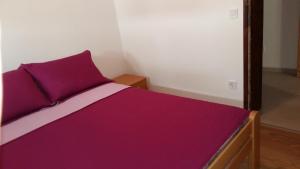 a bedroom with a purple bed with a mirror at Lazar Apartments in Petrovac na Moru