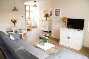 ein Wohnzimmer mit einem Sofa und einem TV in der Unterkunft Urlaubsfreude Biedermann Haus Blumenglück - Hortensie in Sebnitz