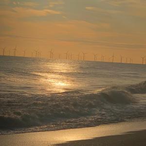 a group of windmills in the ocean at sunset at The Hideout in Anderby