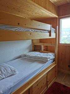 two bunk beds in a wooden cabin with a window at Les Oiseaux Bleus in Morillon