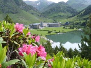 a view of a lake and mountains with pink flowers at Hotel Vall de Núria in Queralbs
