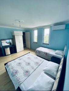 特拉布宗的住宿－Sadik Villa (Sea View 4 Bedrooms and 4 Bathrooms)，一间卧室设有两张床和蓝色的墙壁