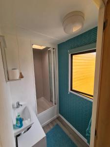 a bathroom with a sink and a shower at Unique Caravan with Outdoor Space in Ballantrae