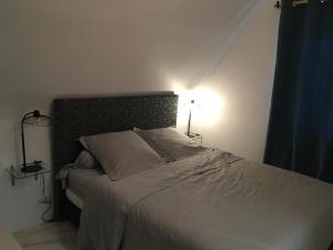 ein Schlafzimmer mit einem Bett mit einem Kopfteil und einer Lampe in der Unterkunft La Forge De La Coudraie in Pleugueneuc