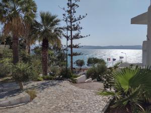 a walkway with palm trees and a body of water at Hotel - Apartments Delfini in Kissamos