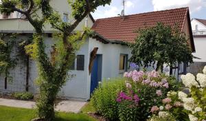 una casa bianca con una porta blu e fiori di Das Fachwerkhäuschen a Bad Pyrmont