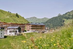 a group of buildings in a valley with mountains at Rössle Appartements in Faschina