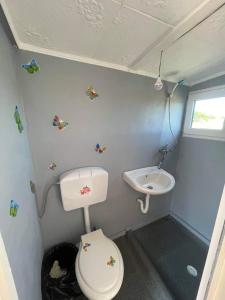 La petite salle de bains est pourvue de toilettes et d'un lavabo. dans l'établissement Casute tip A costinesti, à Costinesti