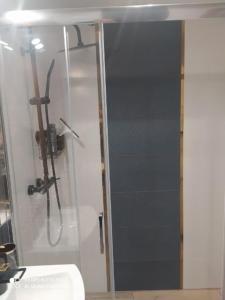 a shower with a glass door in a bathroom at Domki nad Nieliszem - dom brzozowy in Nielisz