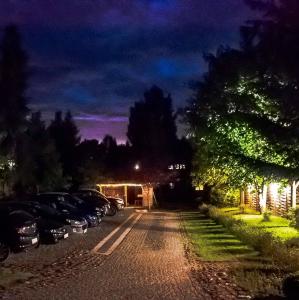 a parking lot with cars parked on a street at night at Agroturystyka Leśna Dolinka in Narty