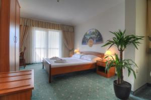a hotel room with a bed and a potted plant at Hotel Rosina in Makarska