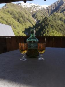 AdishiにあるSesili Guesthouseのワイングラス2杯、山の景色を望むテーブルの上のボトル1本