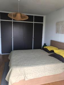 1 dormitorio con 1 cama grande y ventilador en Le Beauvallon, en Antibes