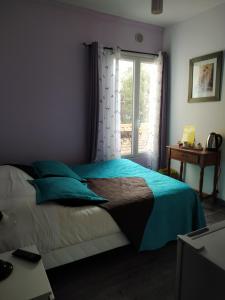 a bedroom with a bed with blue sheets and a window at Les Coquelicots in Montrouge