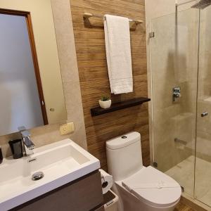Un baño con inodoro, lavabo y ducha. en Cozy private Apartment, Mirador Escazú -Great view-, en Escazú